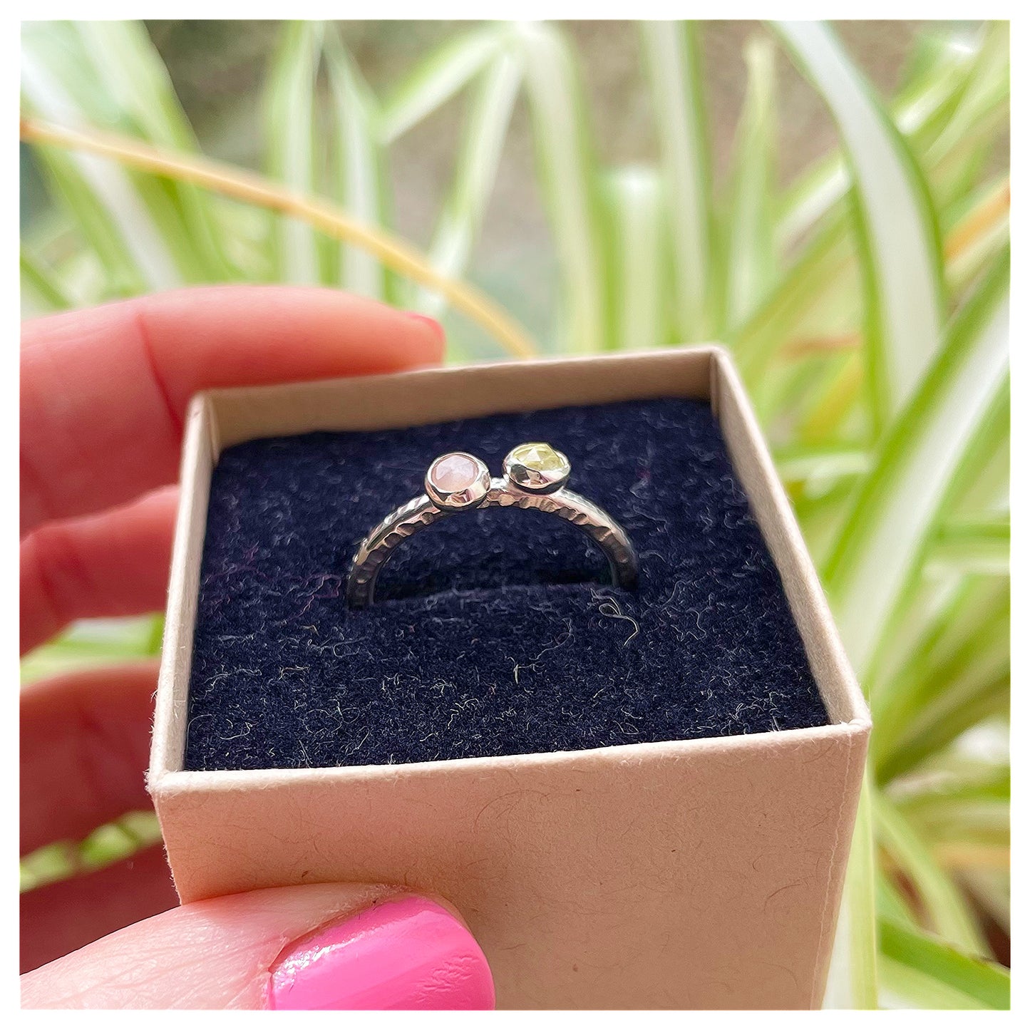 Sterling Silver Peach Moonstone and Lemon Quartz Hammered Band Ring.