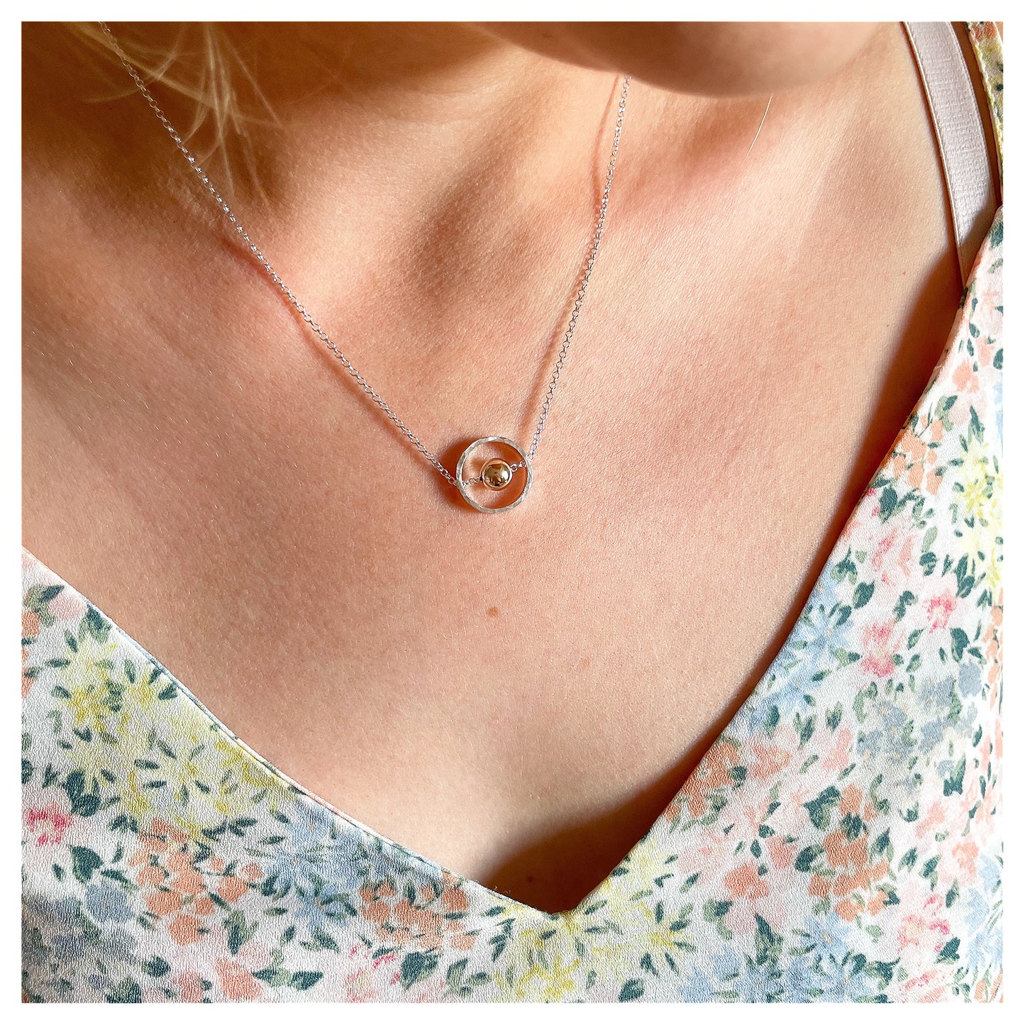 9ct Yellow Gold and Sterling Silver Circle Necklace with Bead.