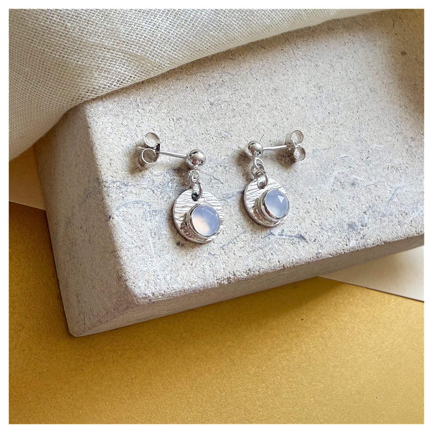 Sterling Silver Textured Chalcedony Gemstone Drop Earrings.