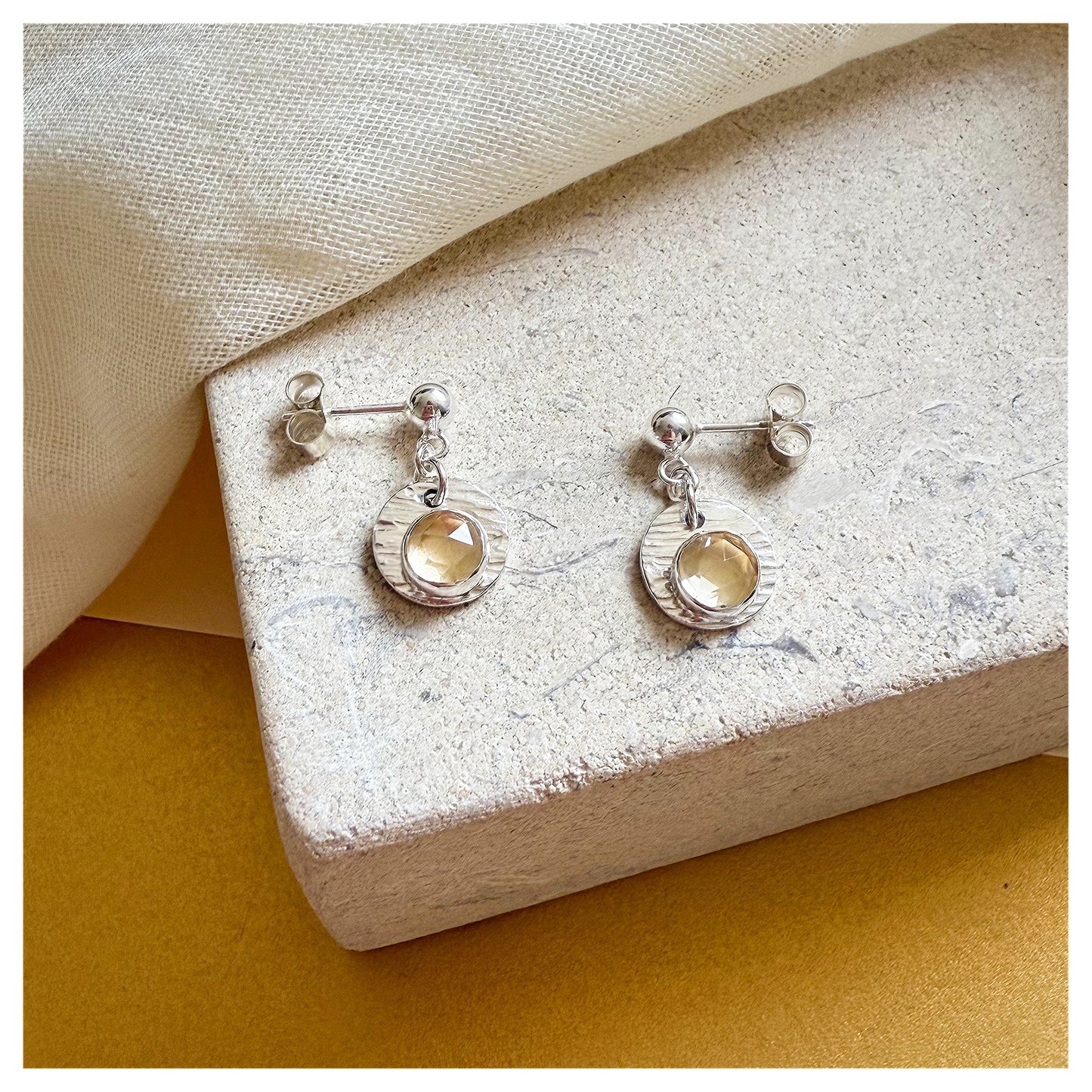Sterling Silver Textured Citrine Gemstone Drop Earrings.