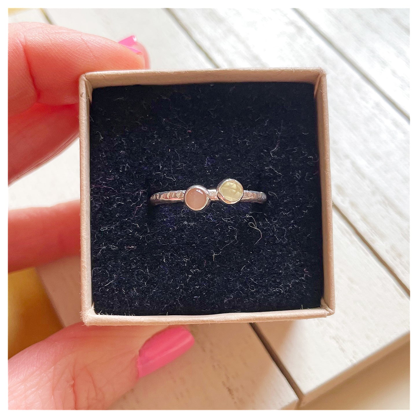 Sterling Silver Peach Moonstone and Lemon Quartz Hammered Band Ring.