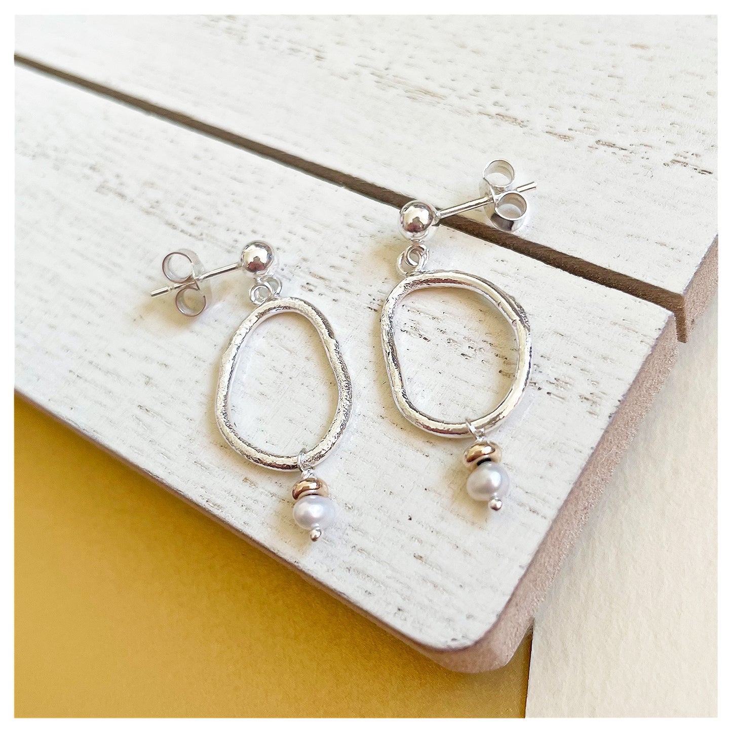 9ct Yellow Gold, Freshwater Pearl and Sterling Silver Organic Pebble Drop Stud Earrings