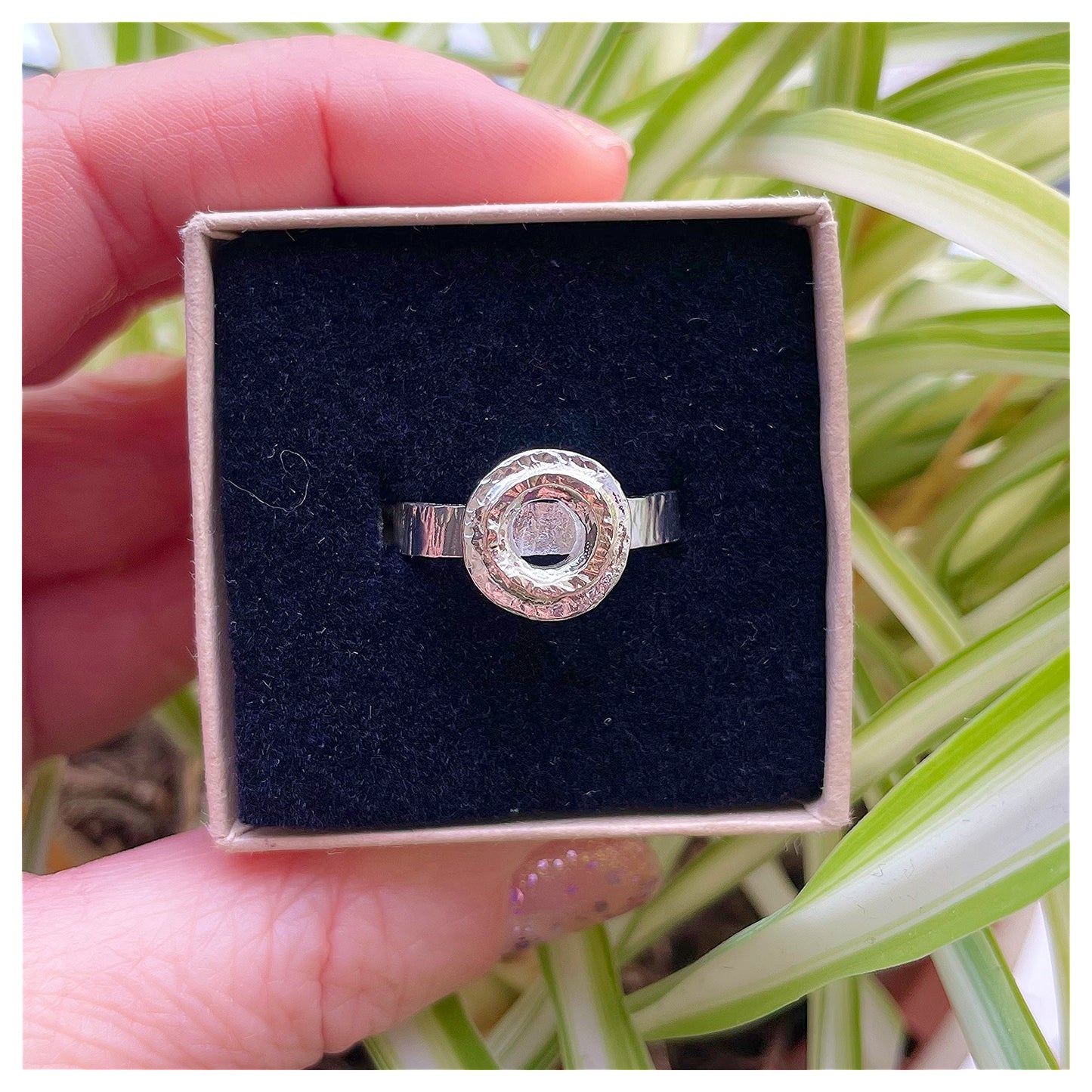 Sterling Silver Hammered Donut Ring With a Hammered 9ct yellow Gold Halo