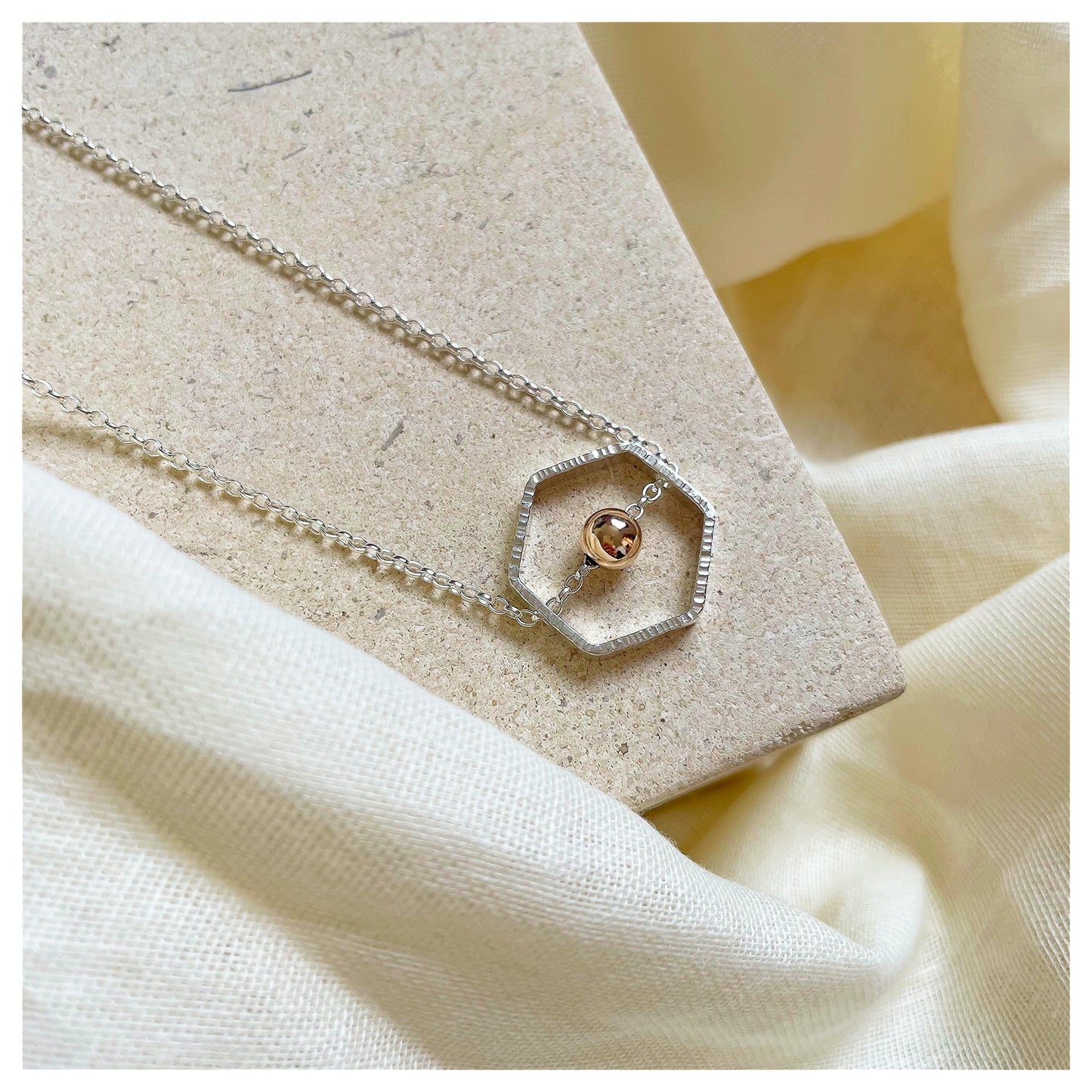 9ct Yellow Gold and Sterling Silver Hexagonal Necklace with Bead