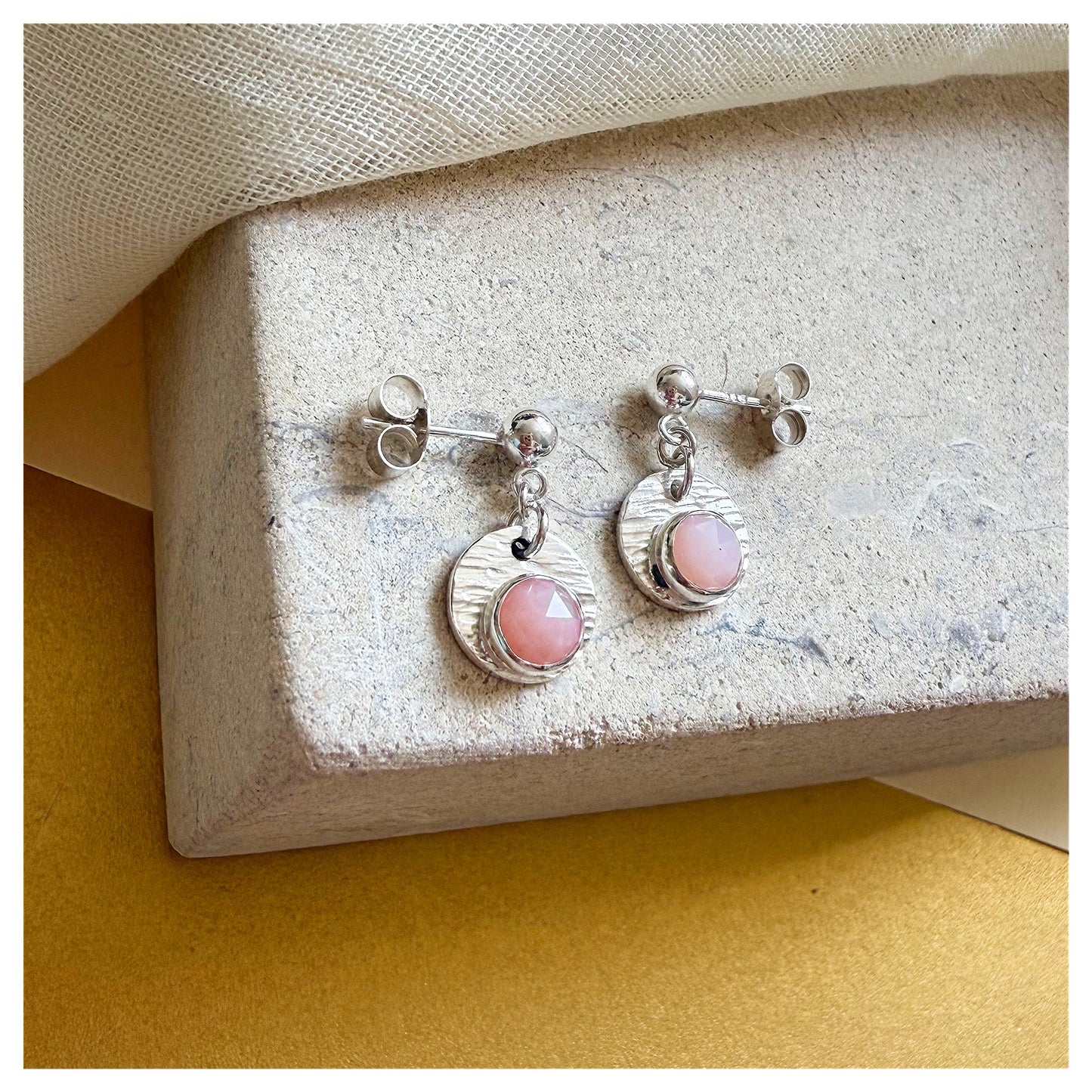 Sterling Silver Textured Pink Opal Gemstone Drop Earrings.