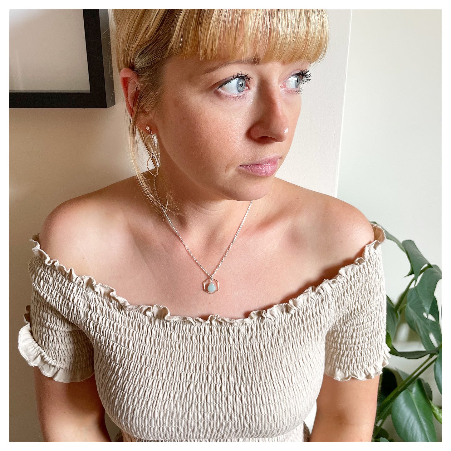 Mini 9ct Yellow Gold Hammered Hexagon, Sterling Silver and Green Amazonite Necklace.
