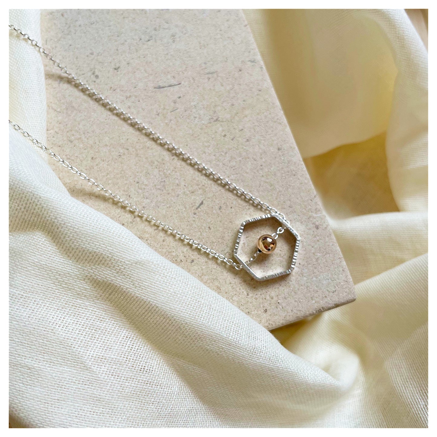 9ct Yellow Gold and Sterling Silver Hexagonal Necklace with Bead