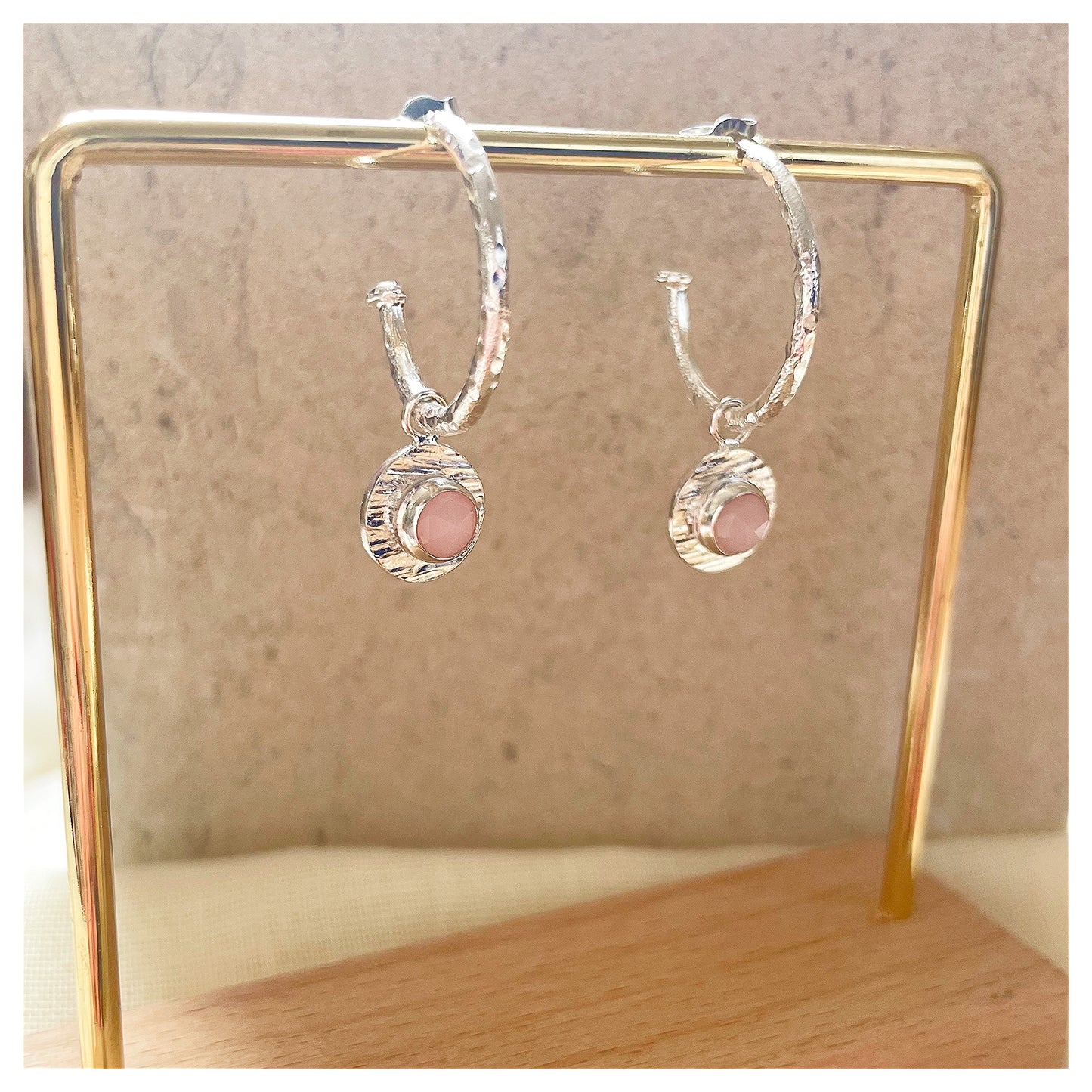 Sterling Silver Chunky Textured Pink Opal Gemstone Drop Hoop Earrings