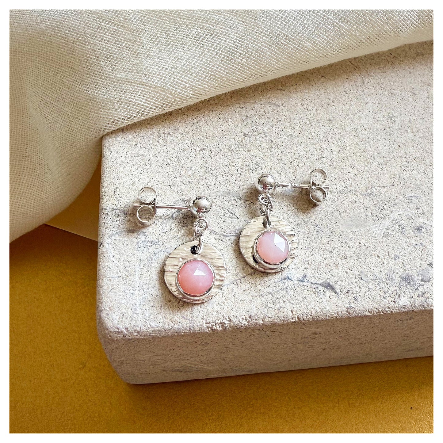 Sterling Silver Textured Pink Opal Gemstone Drop Earrings.