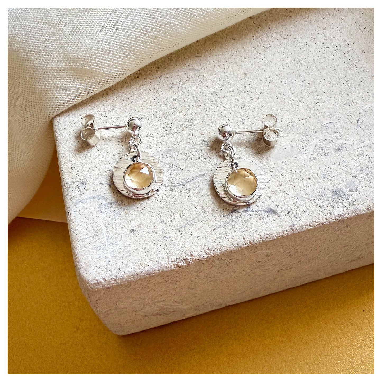 Sterling Silver Textured Citrine Gemstone Drop Earrings.