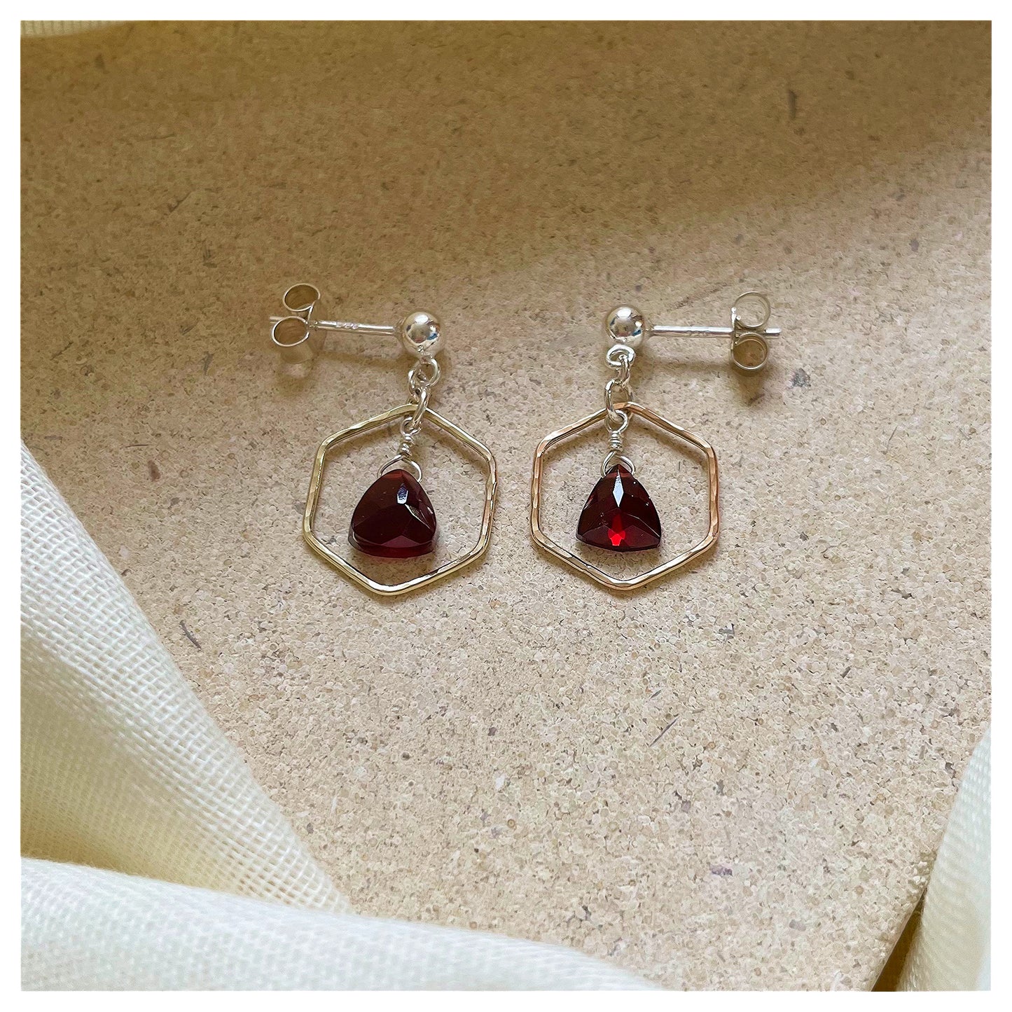 Mini 9ct Yellow Gold Hammered Hexagon, Sterling Silver and Garnet Drop earrings