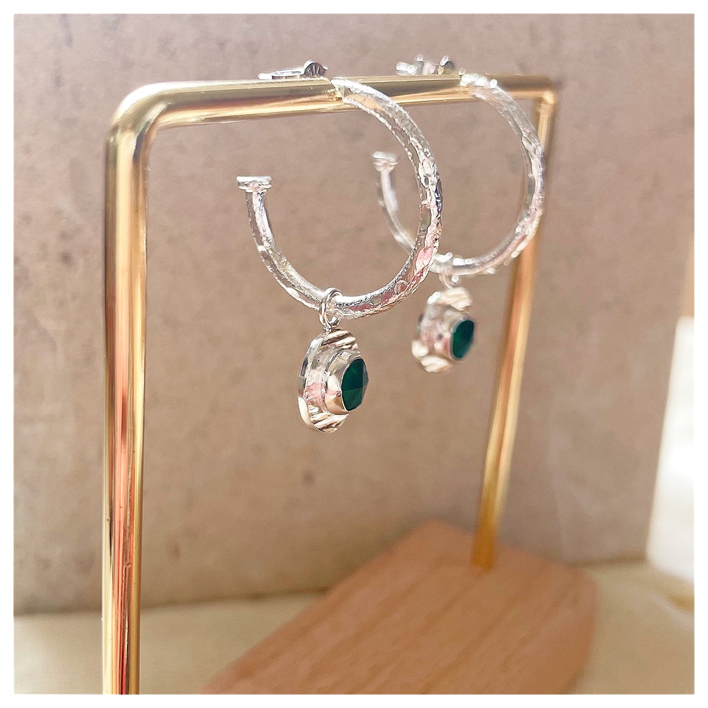 Sterling Silver Chunky Textured Green Onyx Gemstone Drop Hoop Earrings