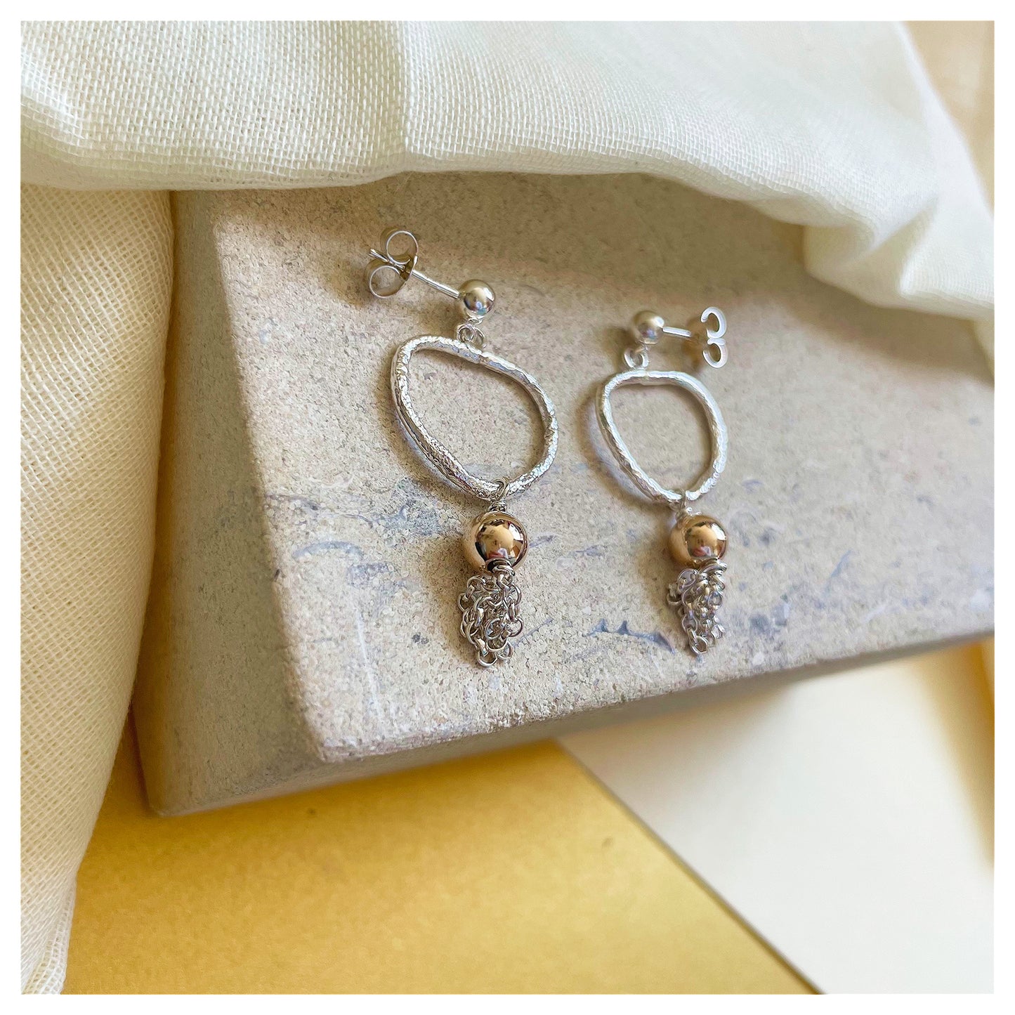 Organic Sterling Silver and 9ct Yellow Gold Tassel Drop Earrings.