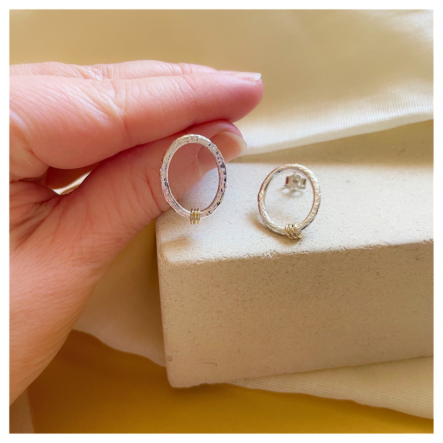 Sterling Silver and 9ct Yellow Gold Ring Organic Oval Stud Earrings