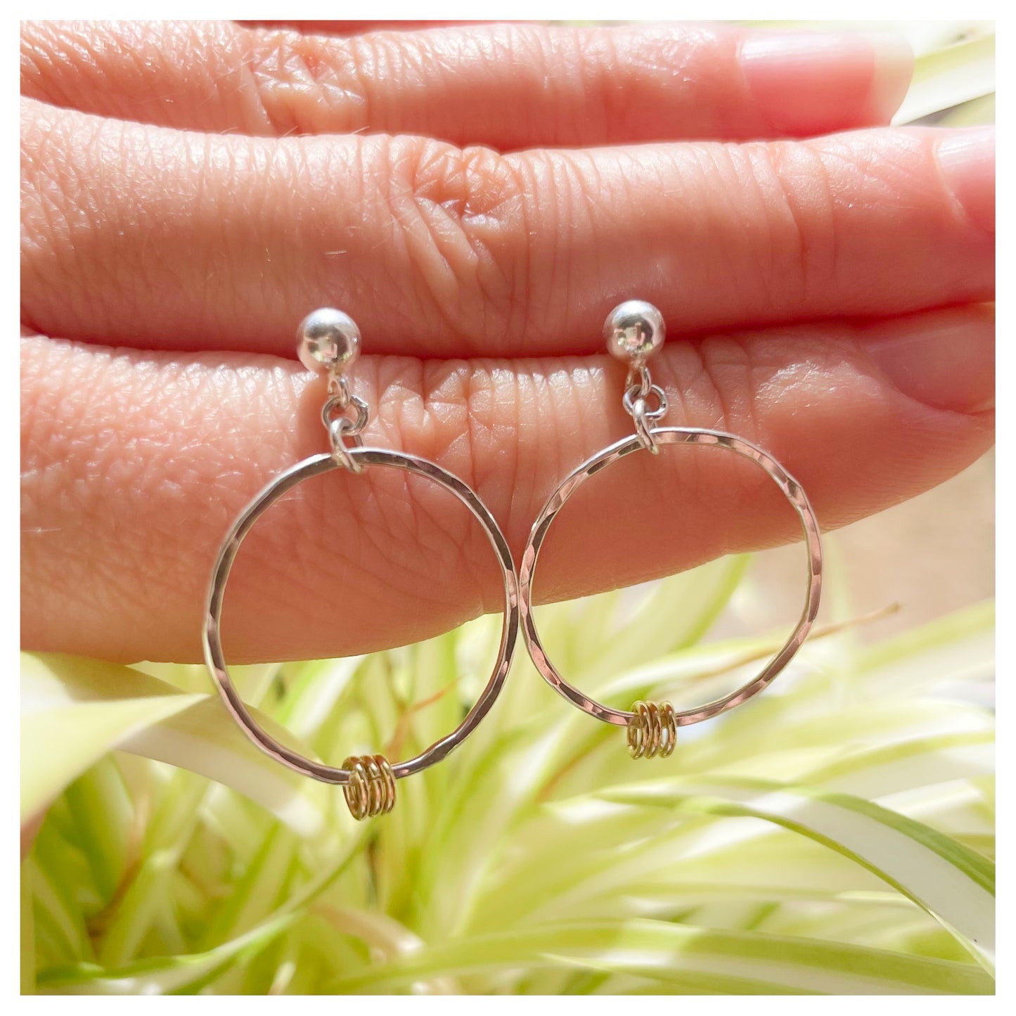 Sterling Silver and 9ct Yellow Gold Detail Hammered Circle Drop Stud Earrings.