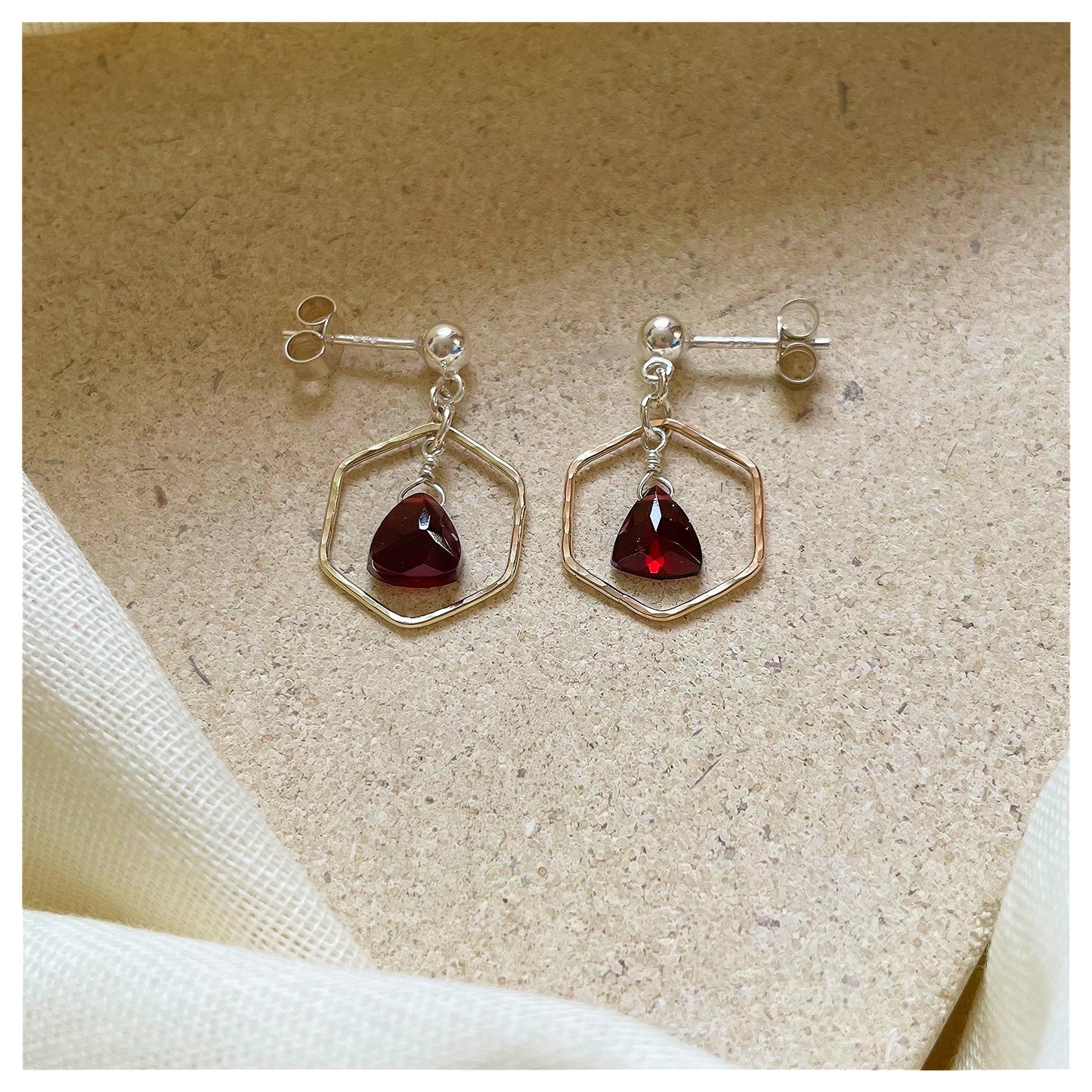 Mini 9ct Yellow Gold Hammered Hexagon, Sterling Silver and Garnet Drop earrings
