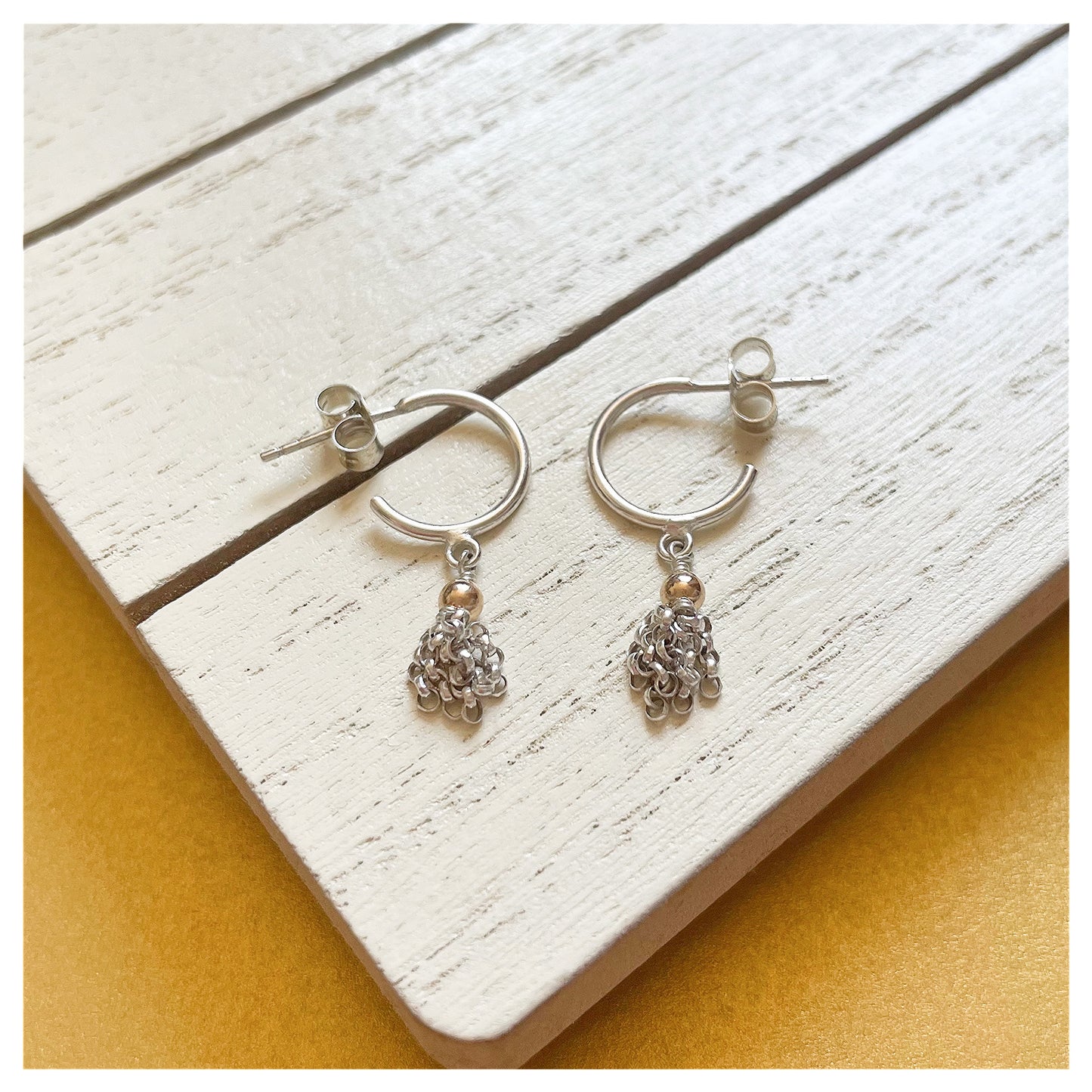 Sterling Silver, 9ct Yellow Gold Mini Tassel Half Hoop Earrings.