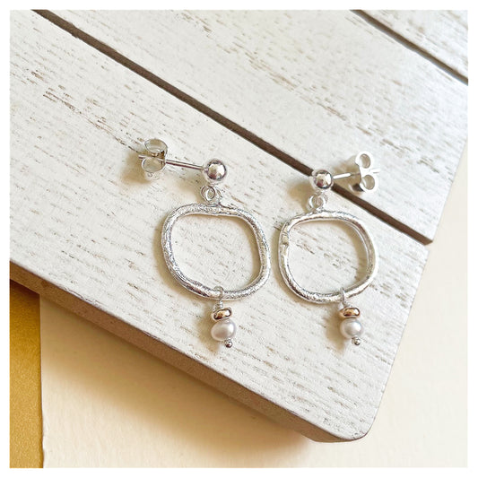 9ct Yellow Gold, Freshwater Pearl and Sterling Silver Organic Pebble Drop Stud Earrings