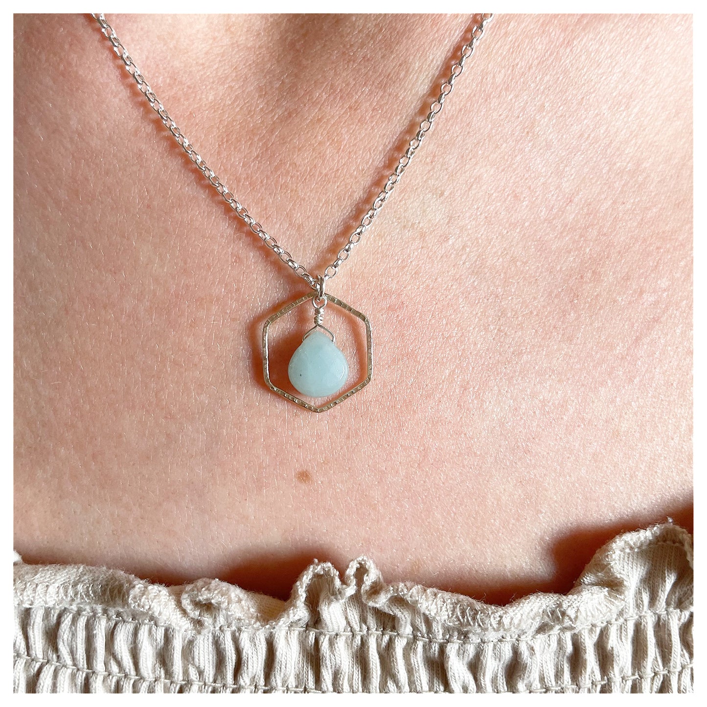 Mini 9ct Yellow Gold Hammered Hexagon, Sterling Silver and Green Amazonite Necklace.