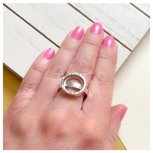 Sterling Silver and 9ct Yellow Gold Double Circle Hammered Ring.