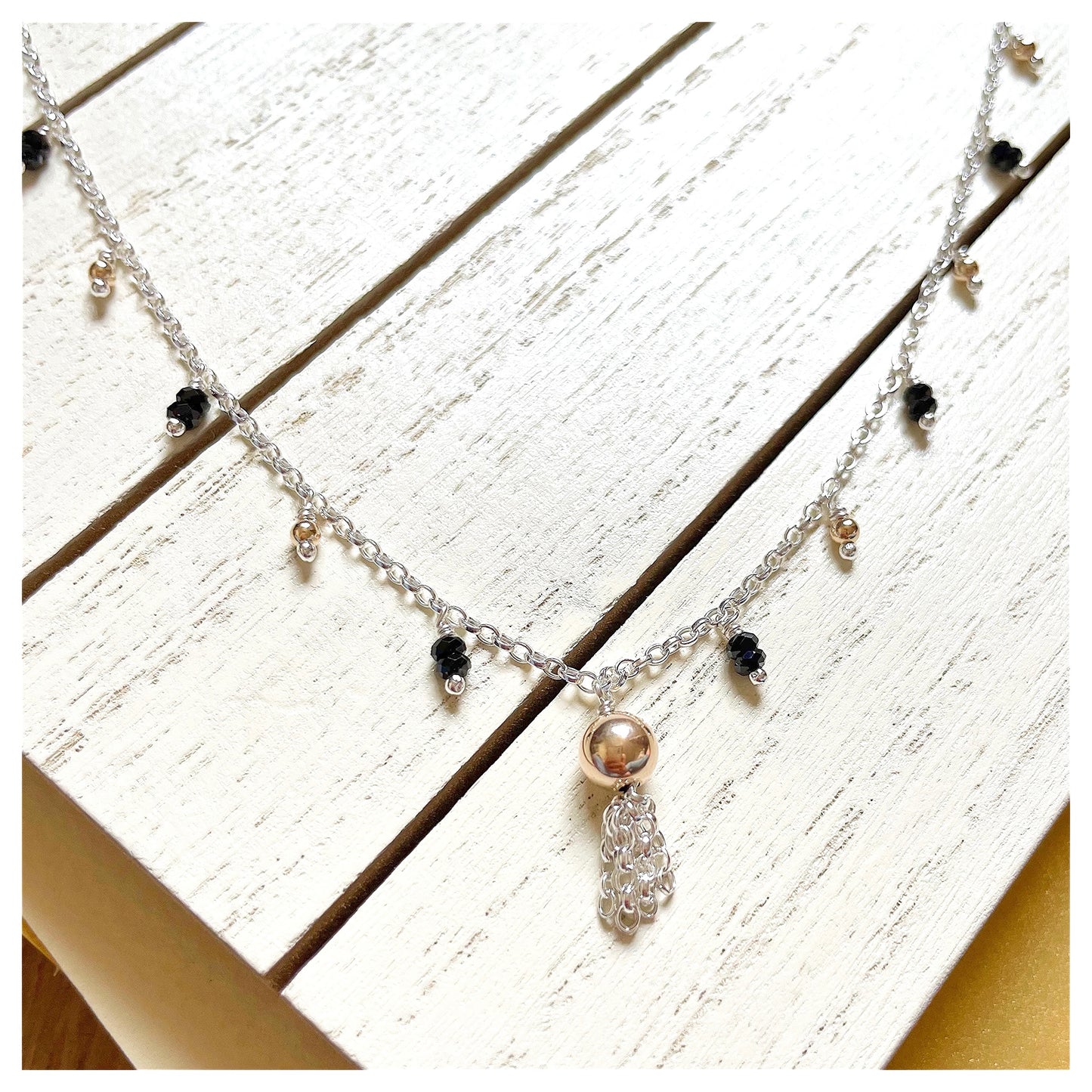9ct Yellow Gold, Sterling Silver and Black Spinel Beaded Tassel Necklace.