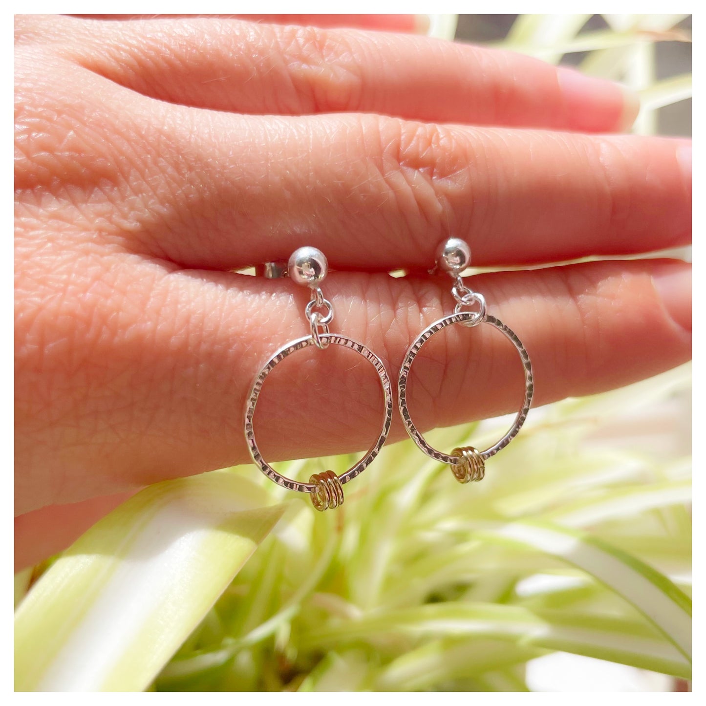 Mini Sterling Silver and 9ct Yellow Gold Detail Hammered Circle Drop Stud Earrings.