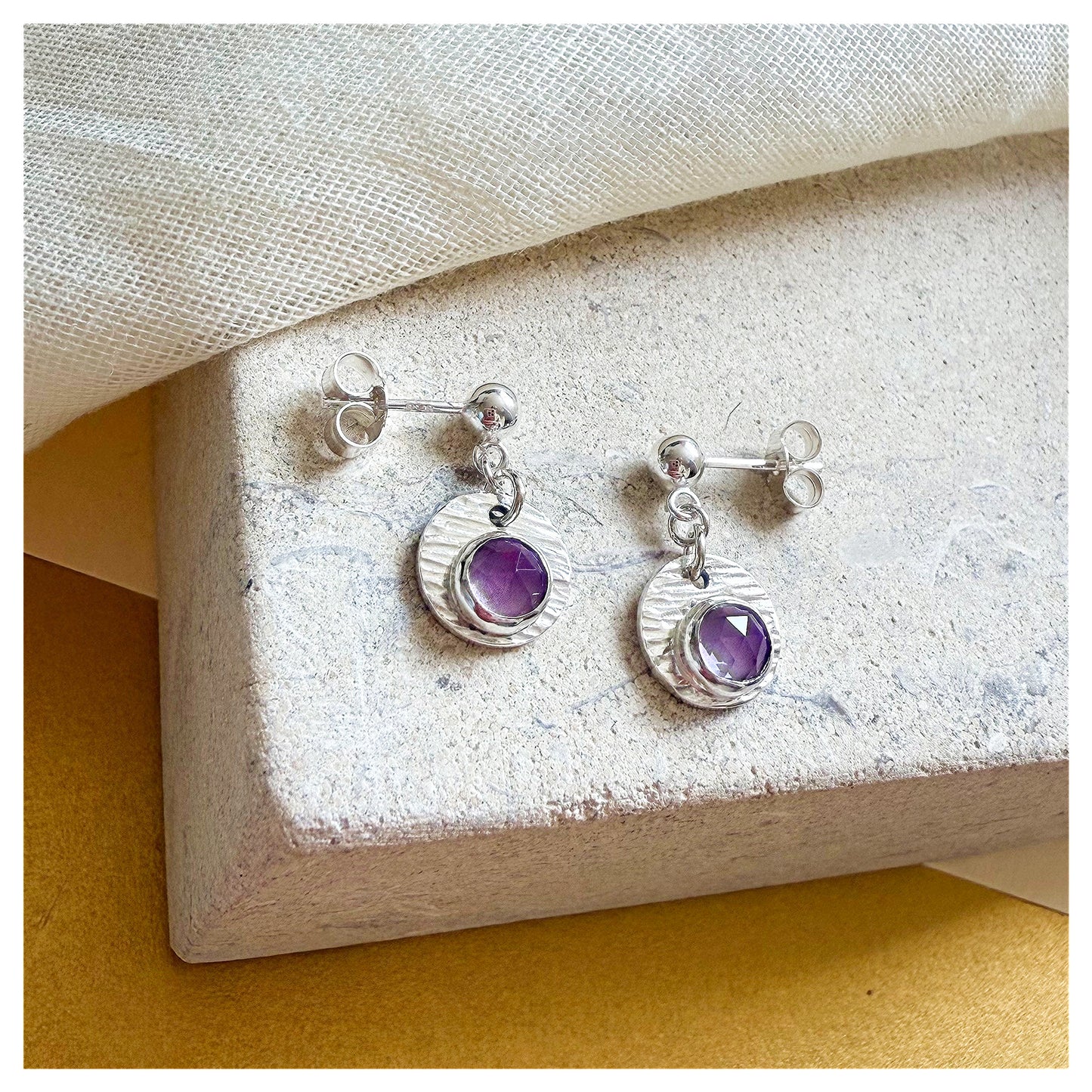 Sterling Silver Textured Amethyst Gemstone Drop Earrings.