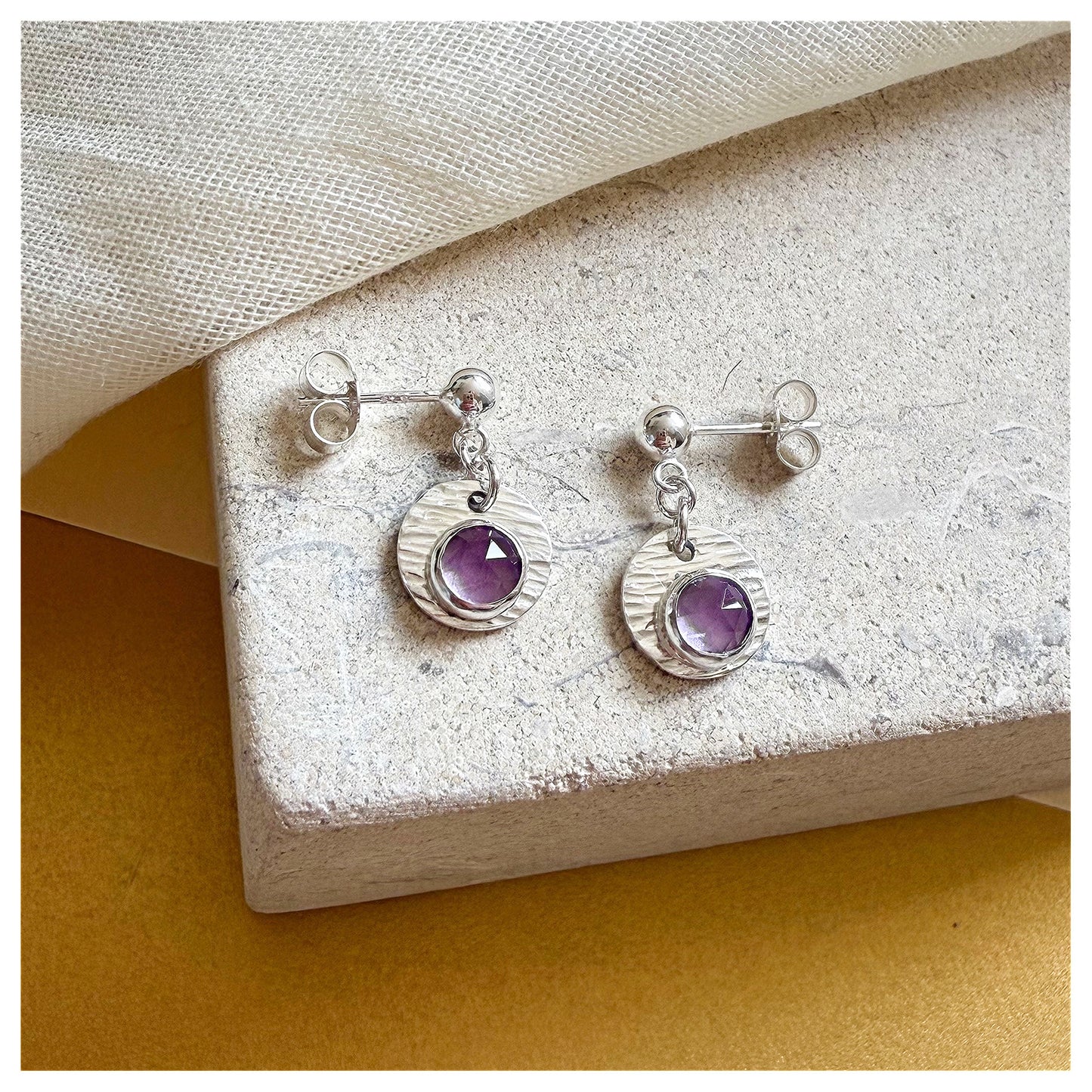 Sterling Silver Textured Amethyst Gemstone Drop Earrings.