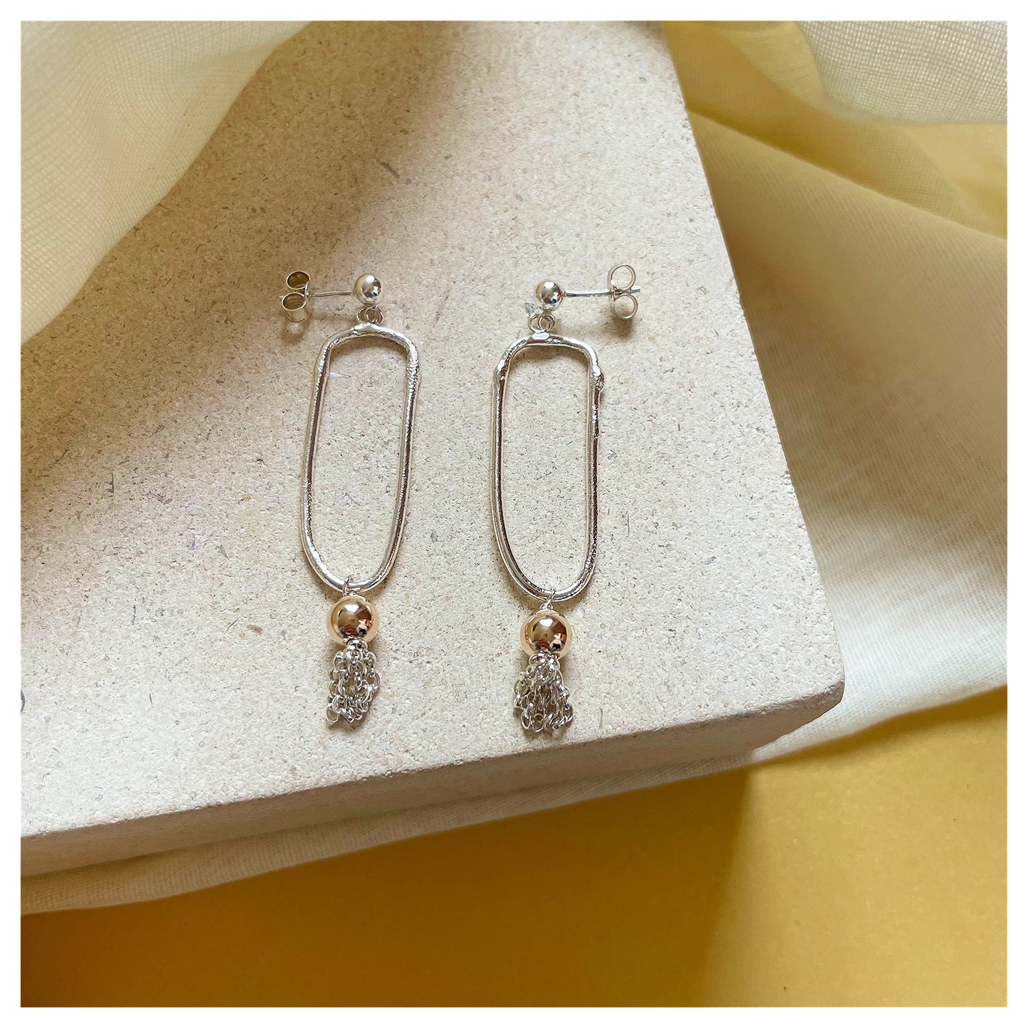 Long Organic Silver and 9ct Yellow Gold Tassel Drop Earrings.
