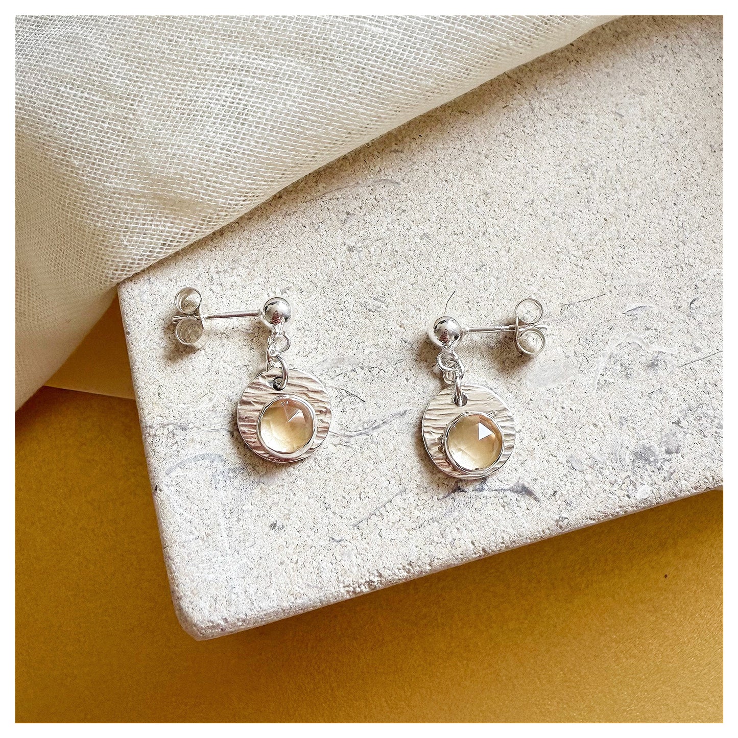 Sterling Silver Textured Citrine Gemstone Drop Earrings.
