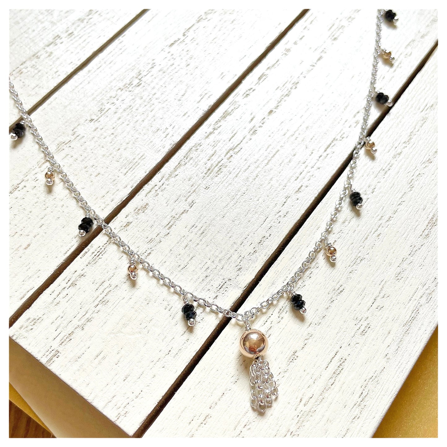 9ct Yellow Gold, Sterling Silver and Black Spinel Beaded Tassel Necklace.