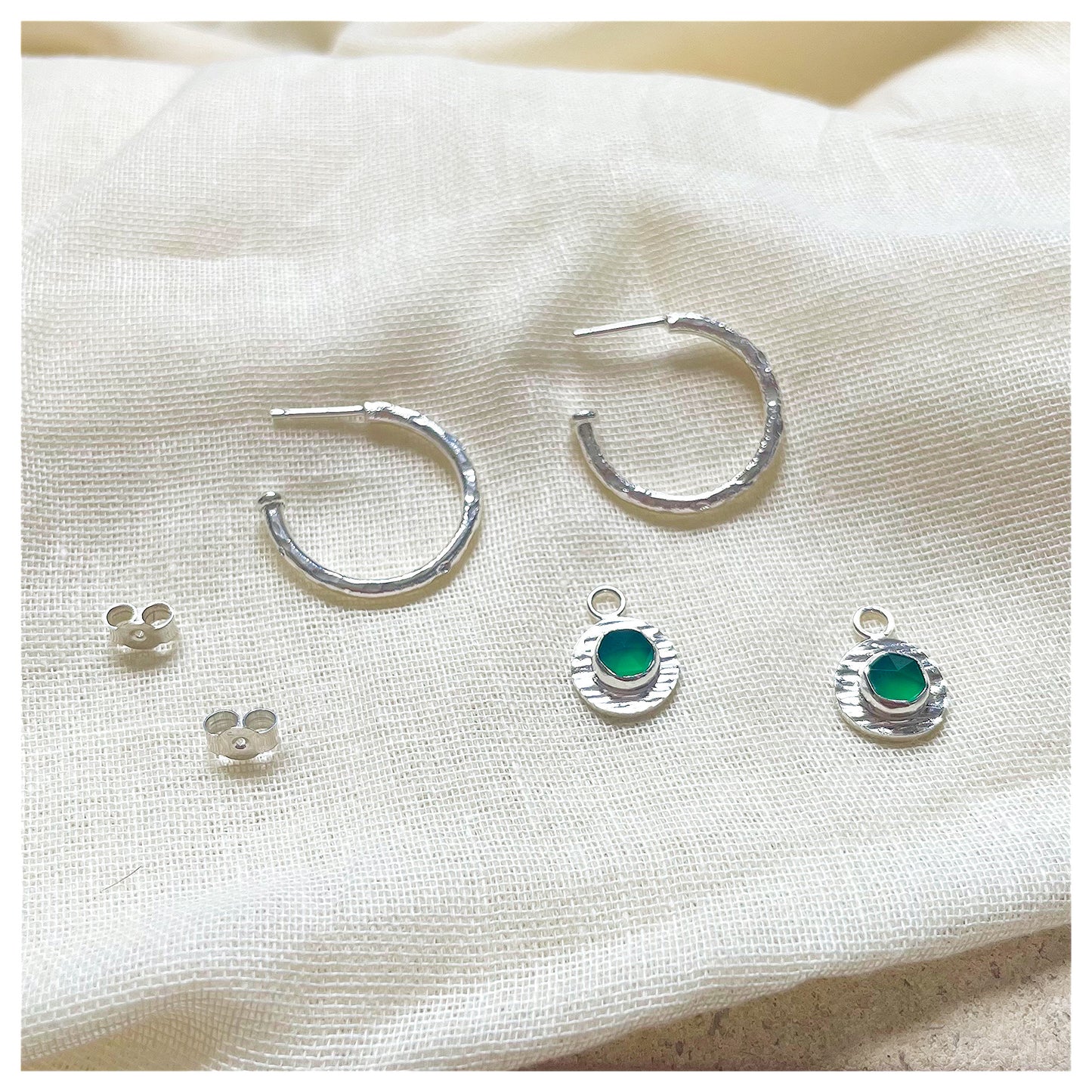 Sterling Silver Chunky Textured Green Onyx Gemstone Drop Hoop Earrings