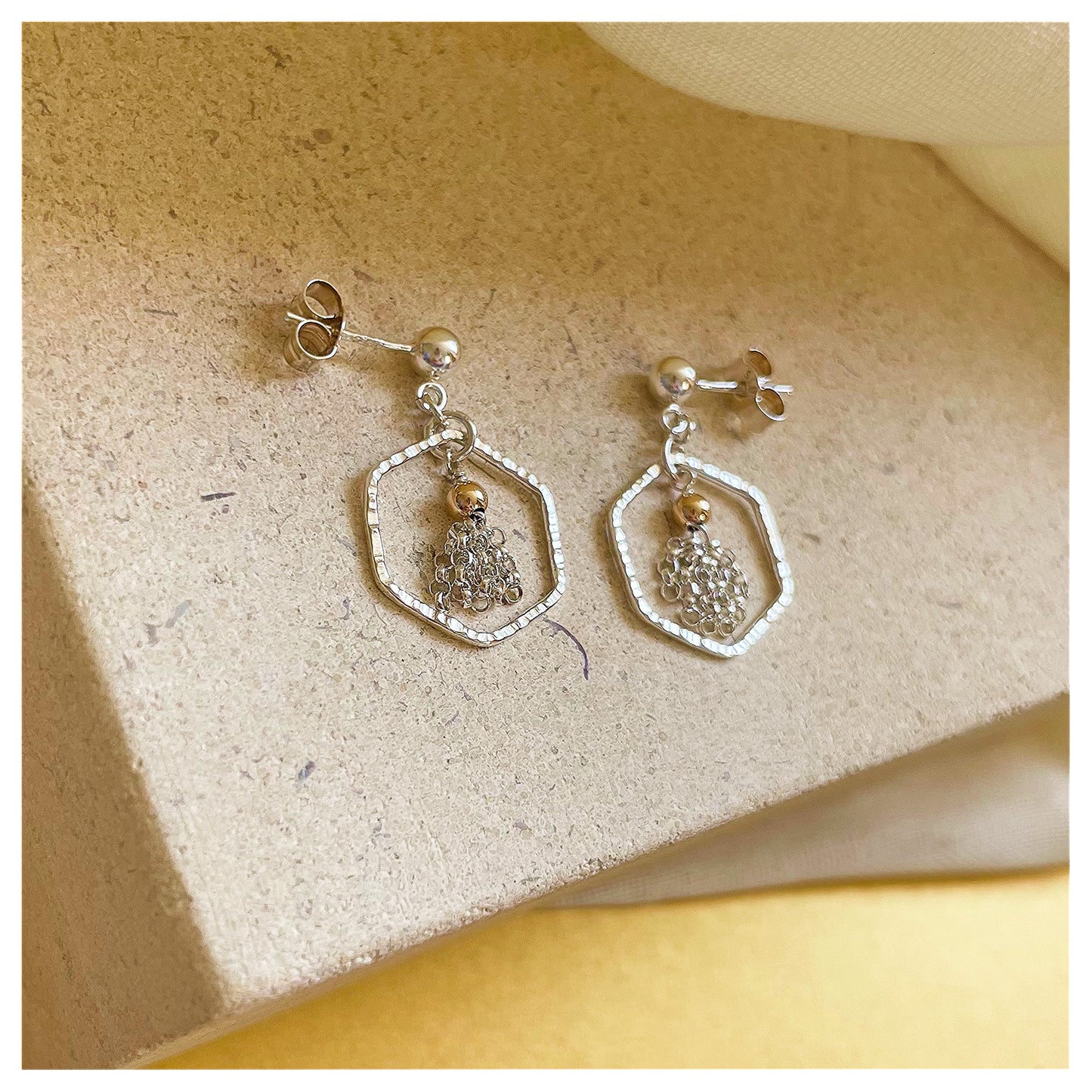 Mini Sterling Silver and 9ct Yellow Gold Hammered Hexagon and Tassel Drop Stud Earrings.