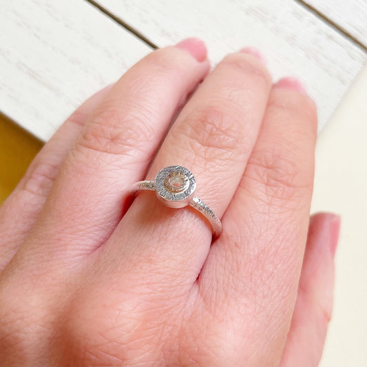 Sterling Silver Mini Textured Donut Ring With 9ct Yellow Gold Halo.