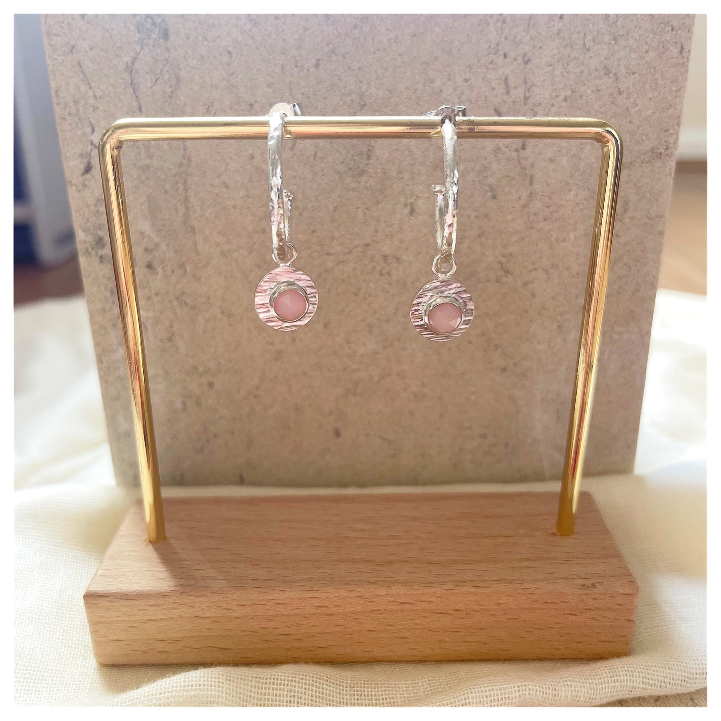 Sterling Silver Chunky Textured Pink Opal Gemstone Drop Hoop Earrings