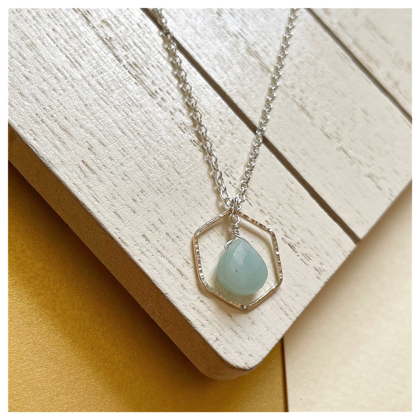 Mini 9ct Yellow Gold Hammered Hexagon, Sterling Silver and Green Amazonite Necklace.