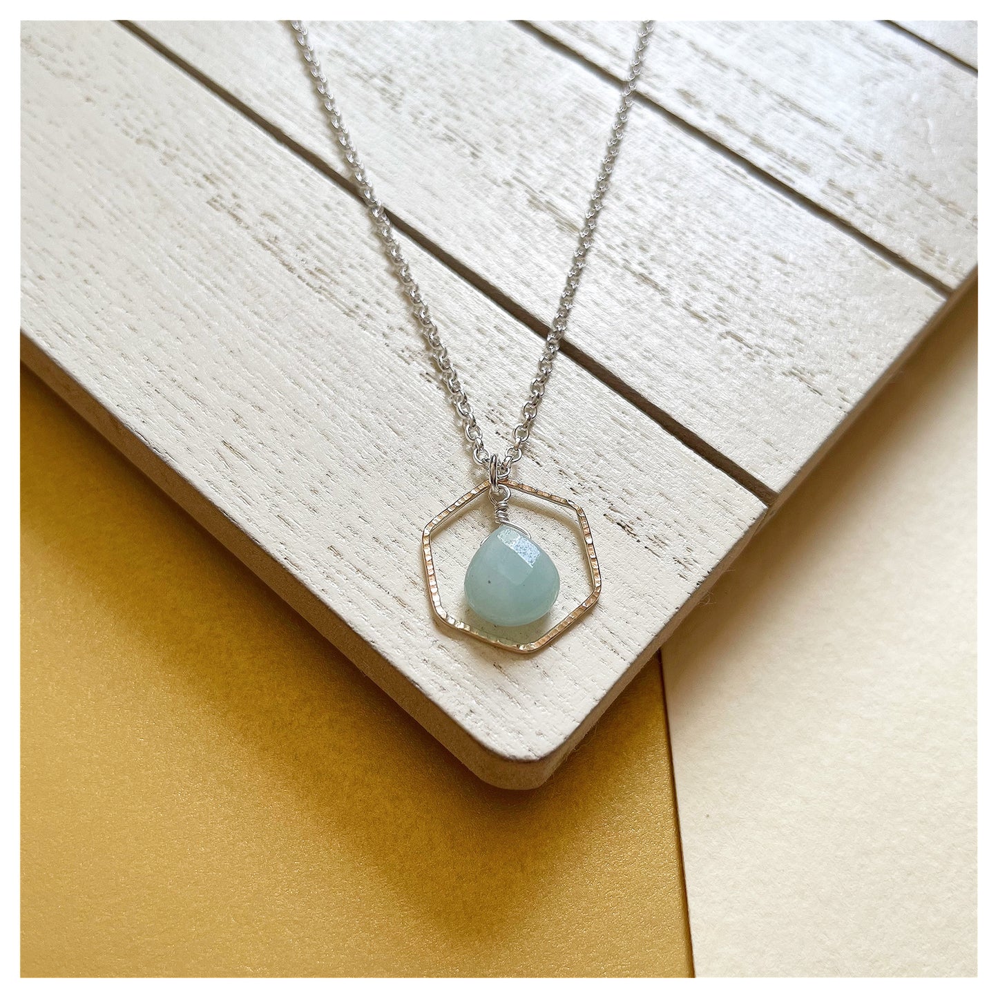 Mini 9ct Yellow Gold Hammered Hexagon, Sterling Silver and Green Amazonite Necklace.