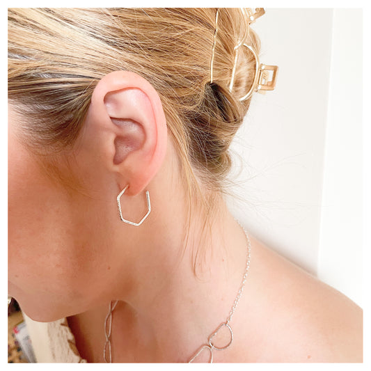 Sterling Silver Hammered Hexagonal Hoop Earrings