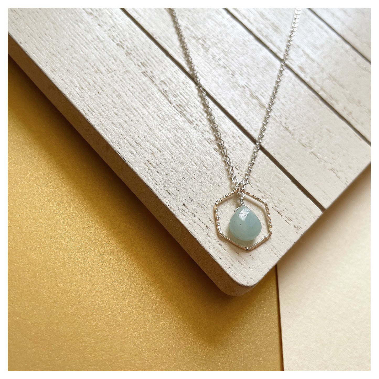 Mini 9ct Yellow Gold Hammered Hexagon, Sterling Silver and Green Amazonite Necklace.