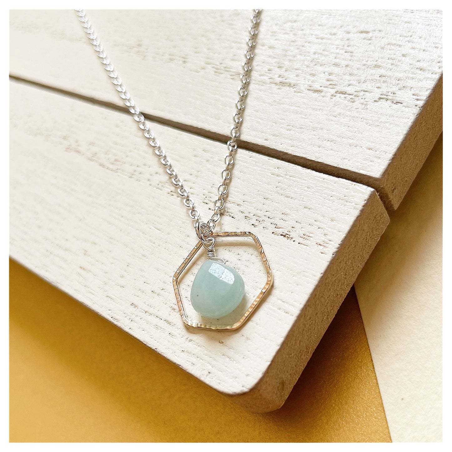 Mini 9ct Yellow Gold Hammered Hexagon, Sterling Silver and Green Amazonite Necklace.