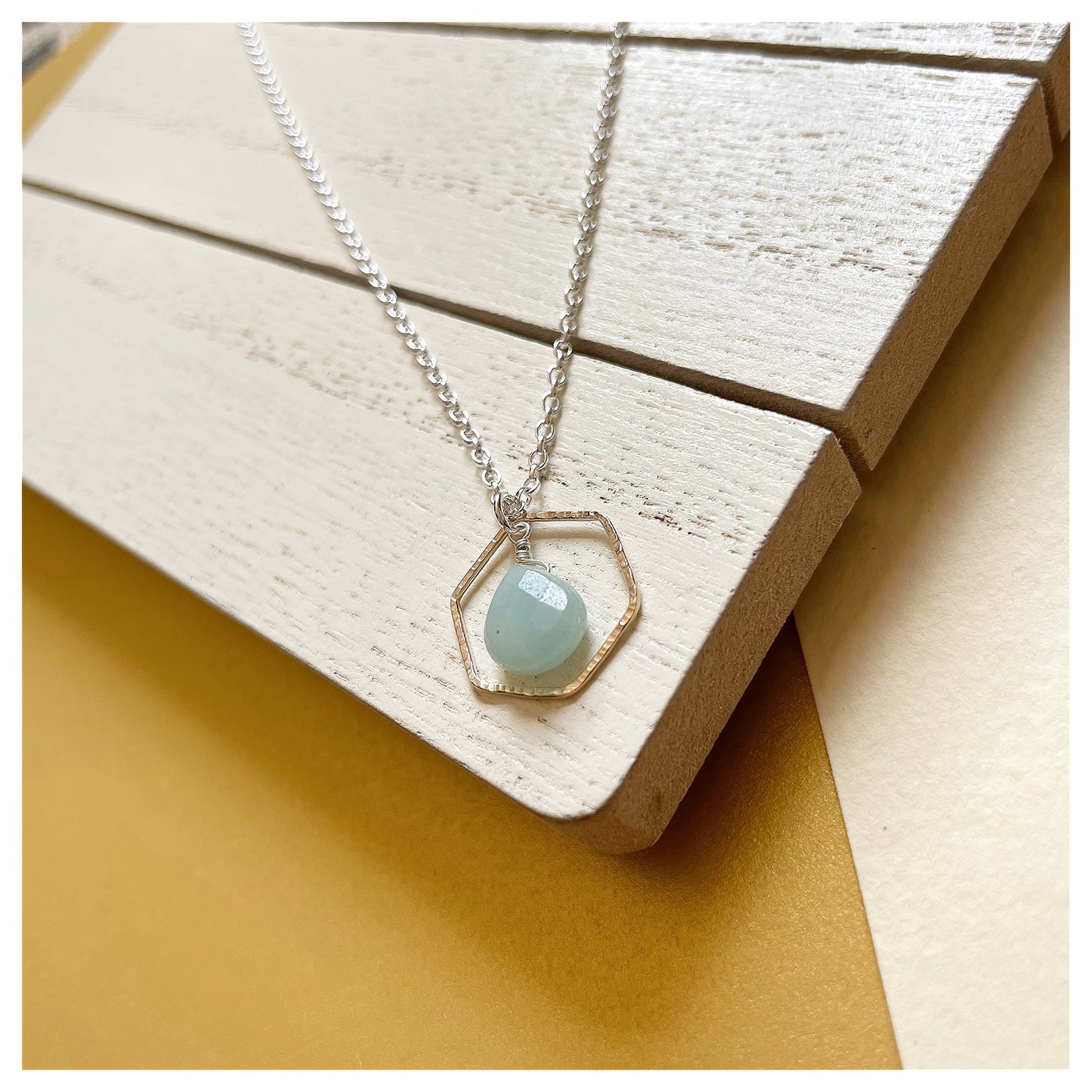 Mini 9ct Yellow Gold Hammered Hexagon, Sterling Silver and Green Amazonite Necklace.