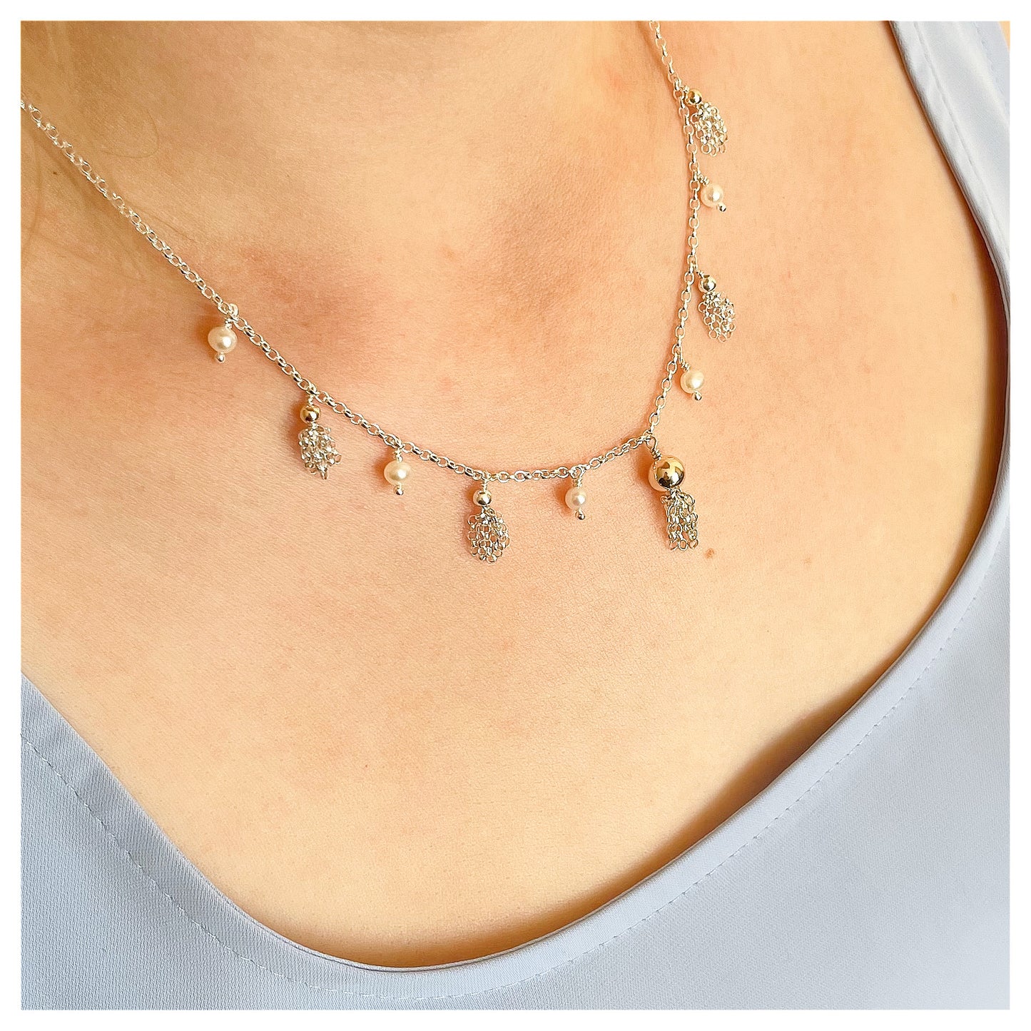 9ct yellow Gold, Sterling Silver, Freshwater Pearl Tassel Necklace