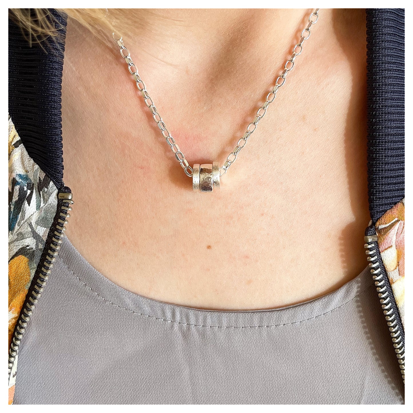 Sterling Silver Textured 3 Donut Necklace