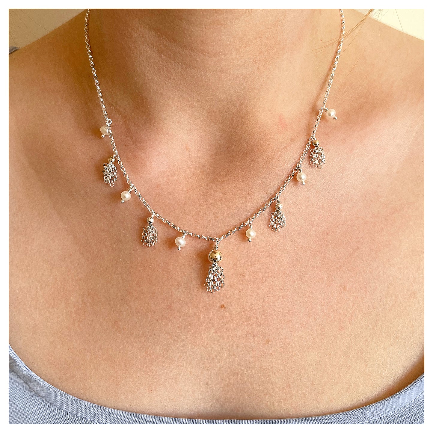 9ct yellow Gold, Sterling Silver, Freshwater Pearl Tassel Necklace