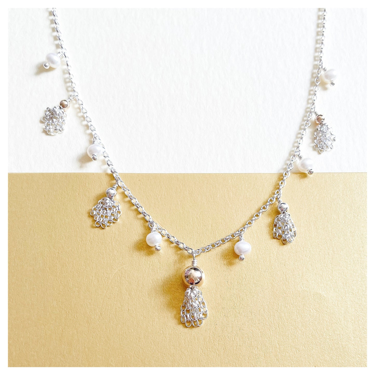 9ct yellow Gold, Sterling Silver, Freshwater Pearl Tassel Necklace