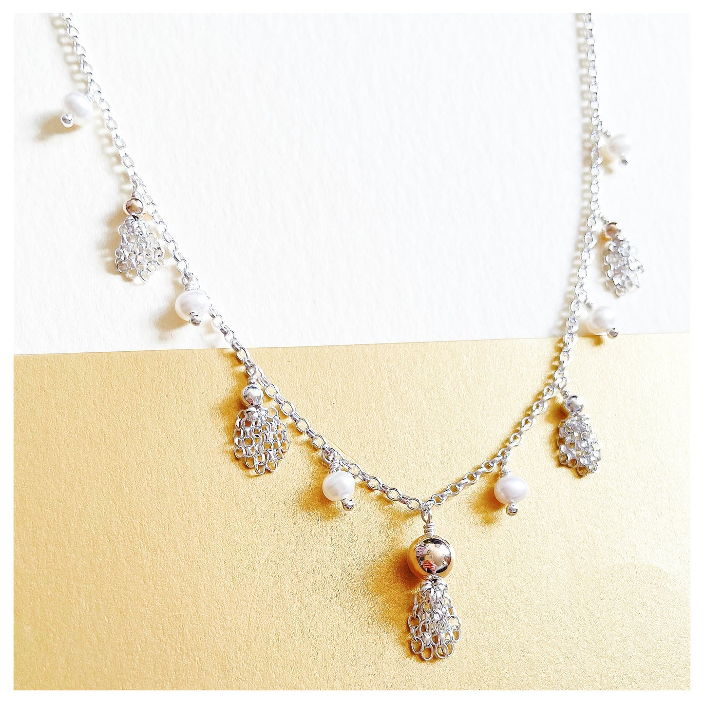 9ct yellow Gold, Sterling Silver, Freshwater Pearl Tassel Necklace