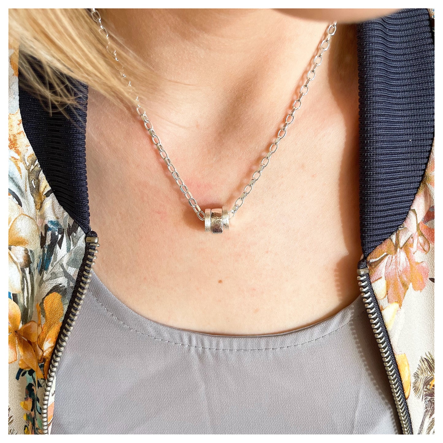Sterling Silver Textured 3 Donut Necklace