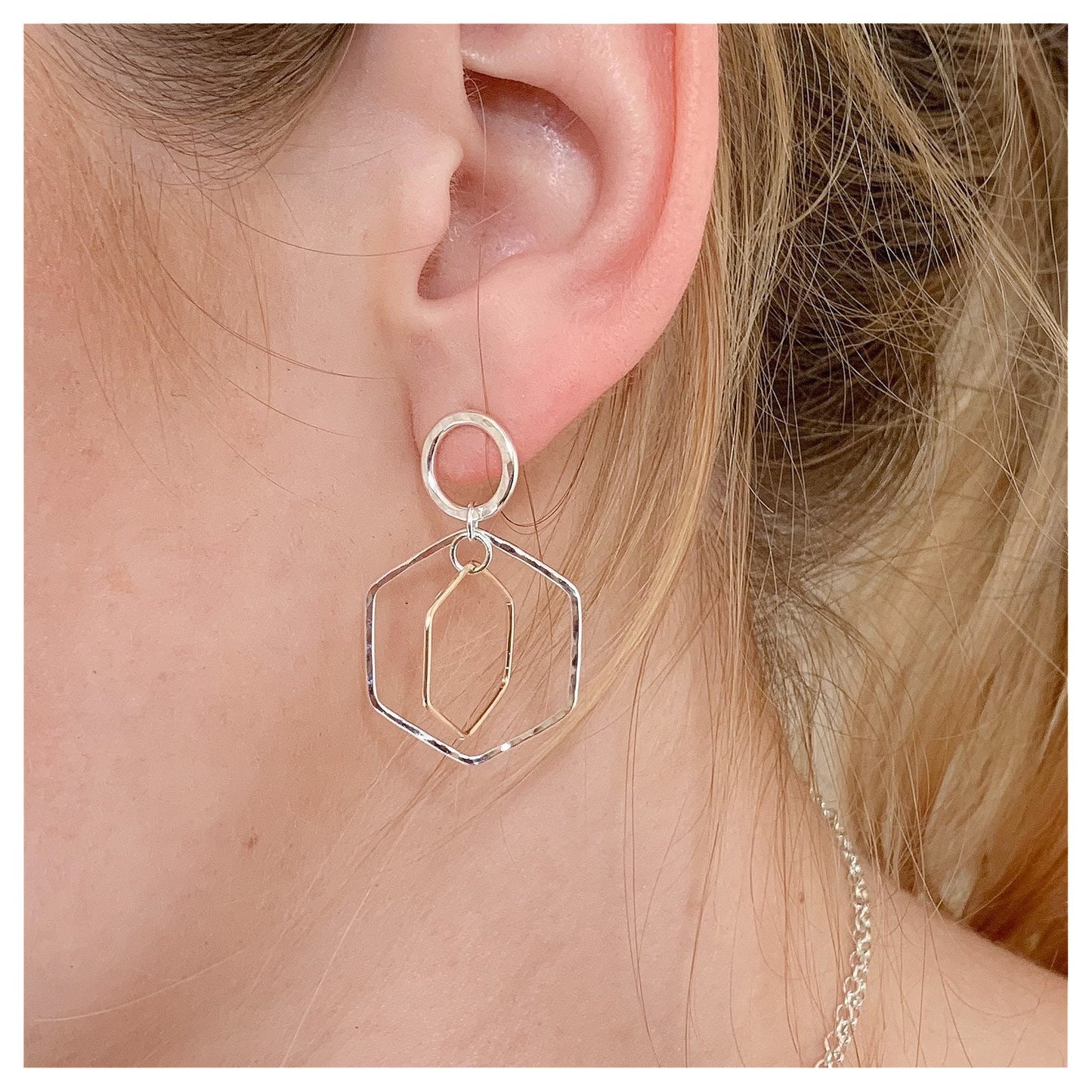 Sterling Silver and 9ct Gold Double Hexagon drop Stud Earrings.