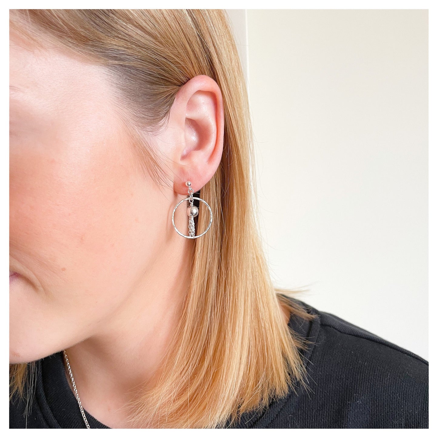 Sterling Silver Hammered Circle and Tassel Drop Stud earrings.