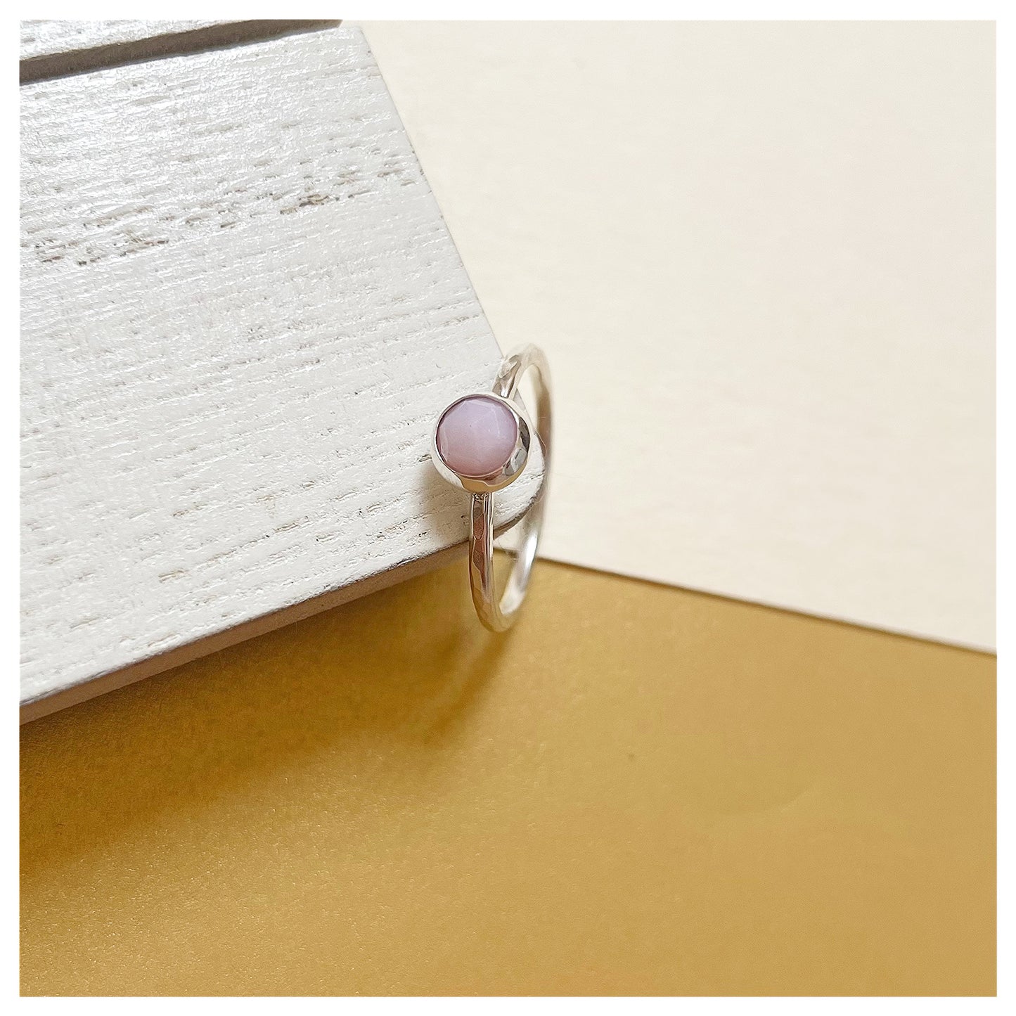 Sterling Silver and Pink Opal Hammered Band Ring.